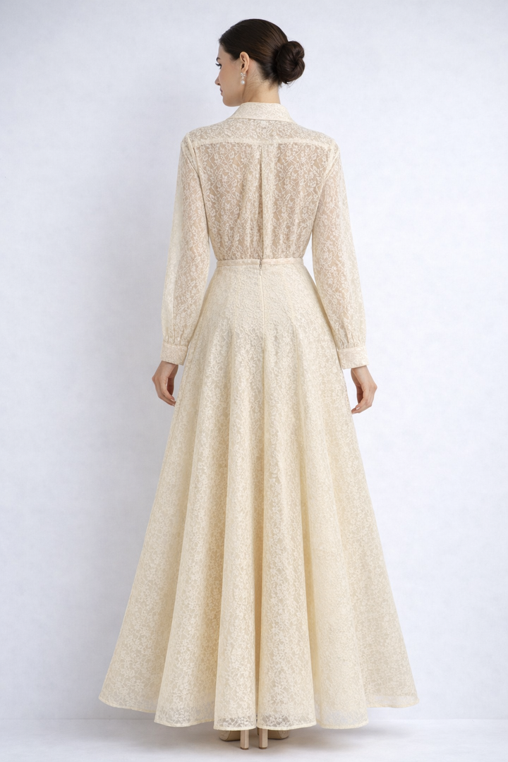 lace long sleeve shirt dress with waist tie – IVORY