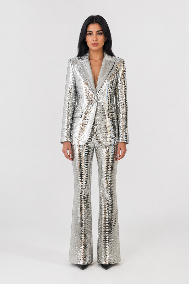 Silver Sequin Tailored Blazer & Flared Pants Set – GLAMÉRA