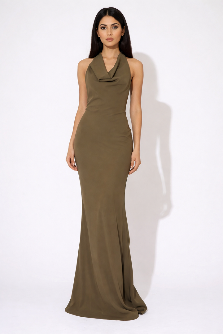 halter neck column maxi dress with draped neckline – OLIVIA