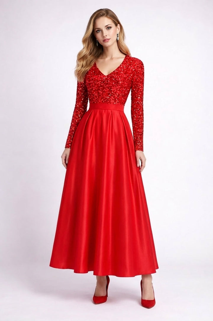 long-sleeve sequin bodice satin maxi dress – SILVÉRA