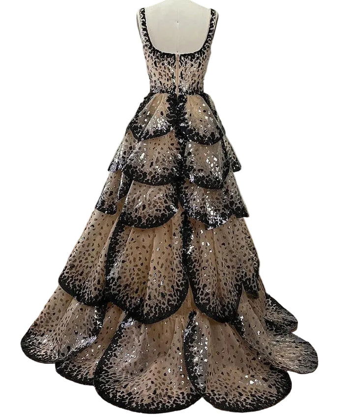 long sleeve ball gown with layered leopard sequin skirt – SAVANNA