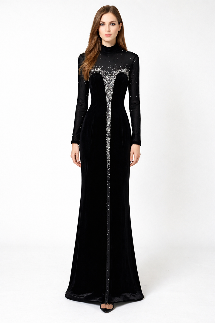 long sleeve sheer yoke maxi dress with crystal front detail – NOIR