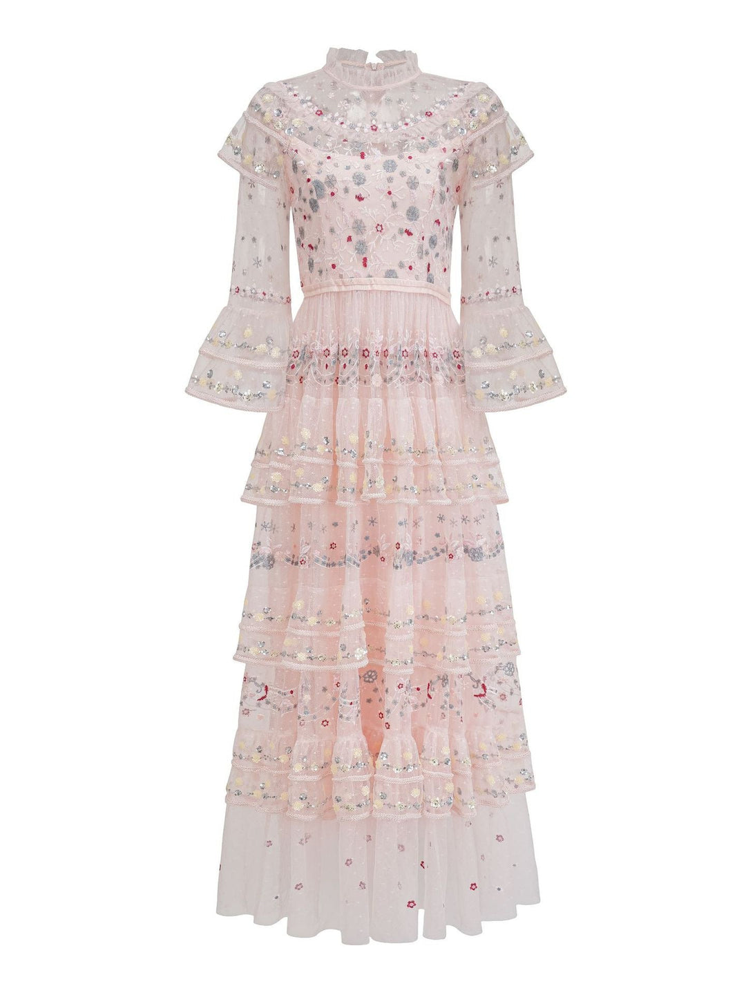 high-neck embroidered tulle maxi dress with layered ruffles – BLUSH