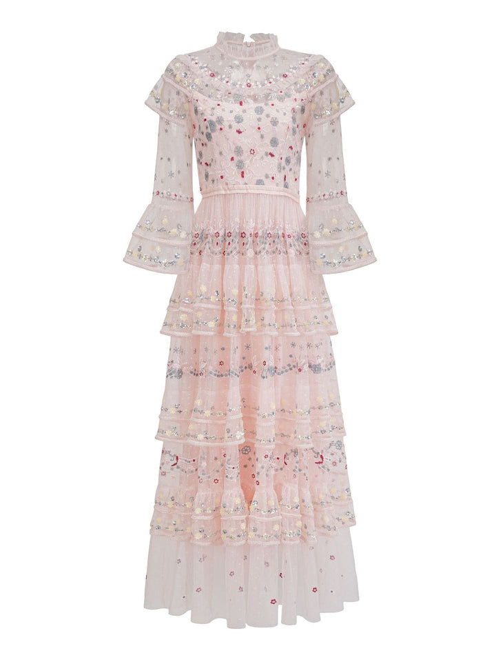high-neck embroidered tulle maxi dress with layered ruffles – BLUSH