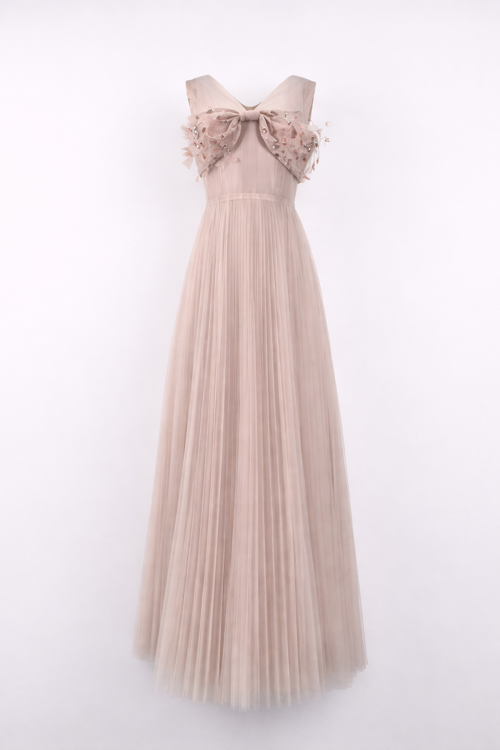 sleeveless tulle maxi dress with embellished bow bodice – BLUSH