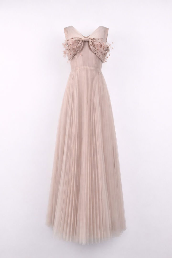 sleeveless tulle maxi dress with embellished bow bodice – BLUSH
