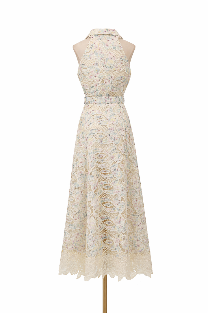 sleeveless lace midi dress with belt detail – ELARA