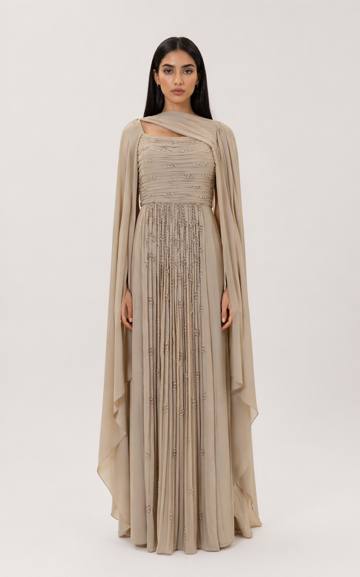draped chiffon pleated dress with embellished cape – DESERT