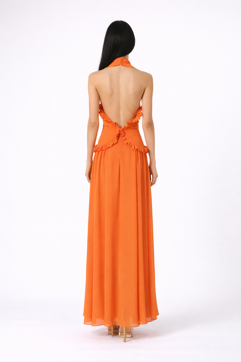 halter neck maxi dress with ruched ruffle waist – SOLARA