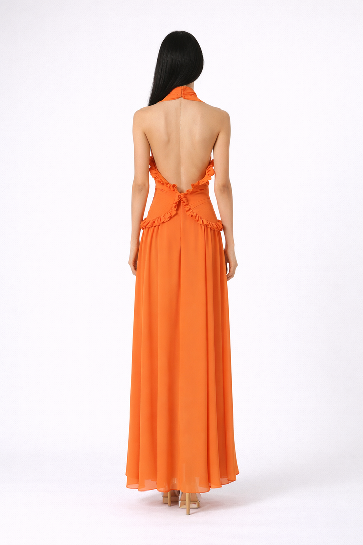 halter neck maxi dress with ruched ruffle waist – SOLARA