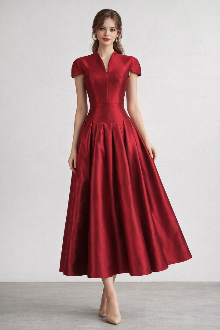 cap sleeve structured midi dress with pleated skirt – RUBY