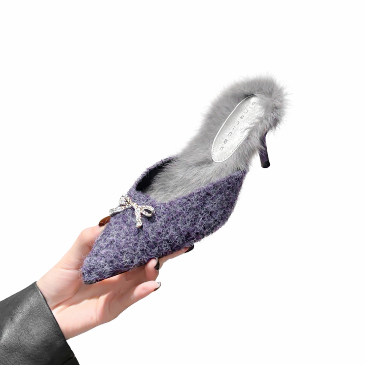 pointed toe textured mule with fur trim and crystal bow – VIOLET