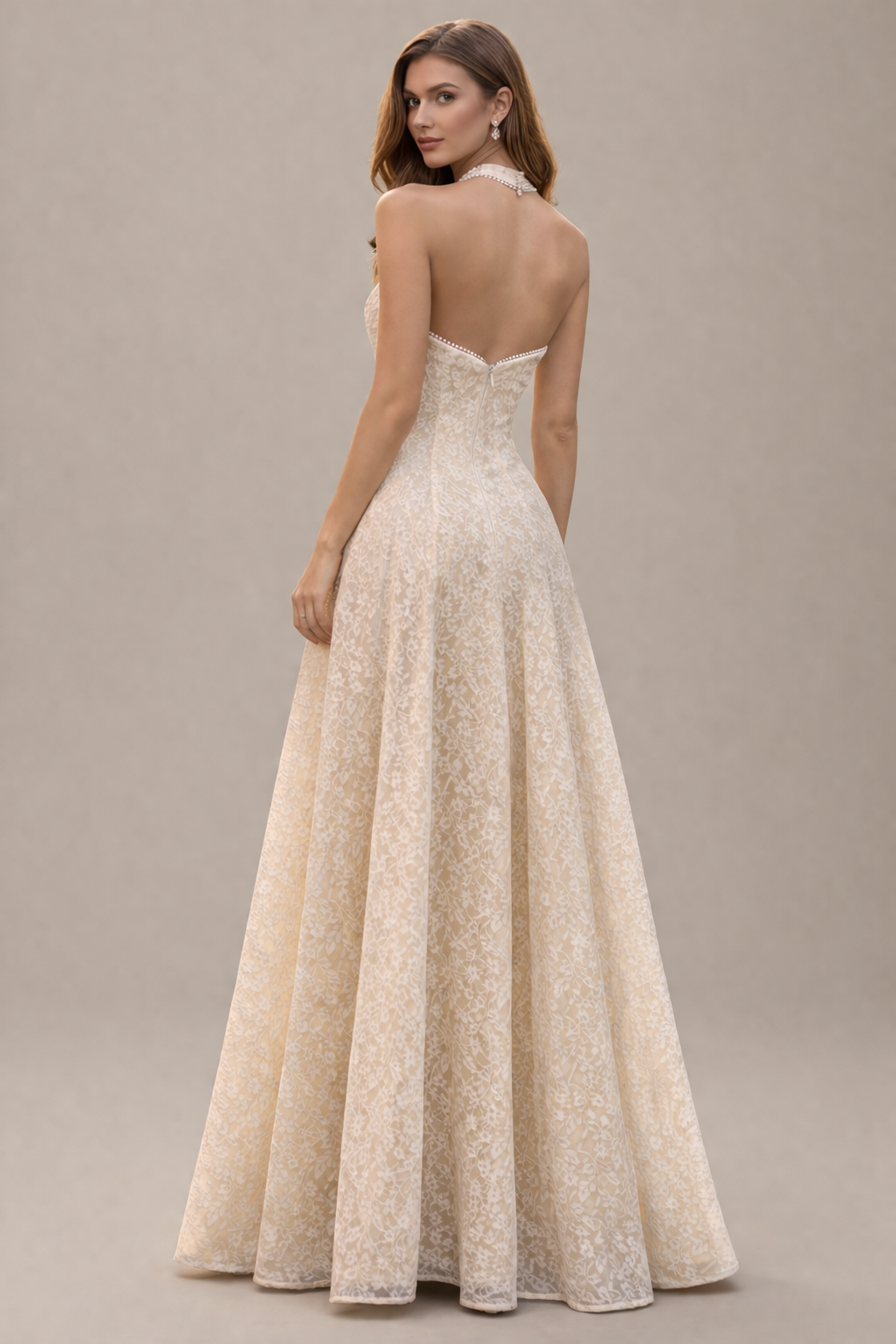 lace halter neck maxi dress with floral trim – LACE