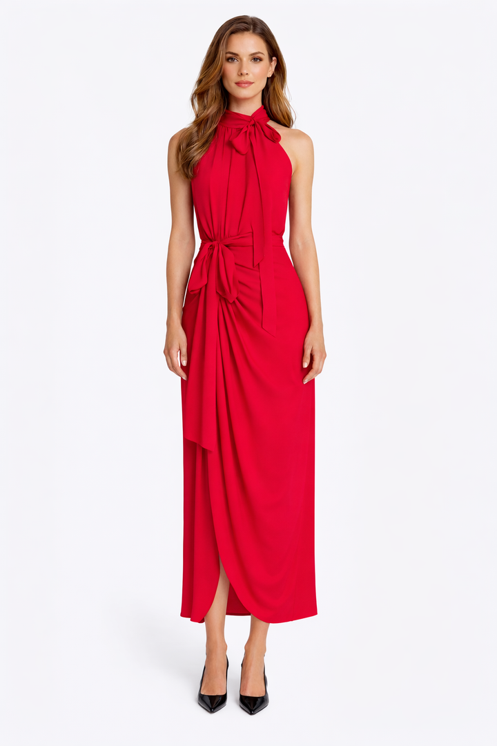 halter draped midi dress with waist tie – SAEDO