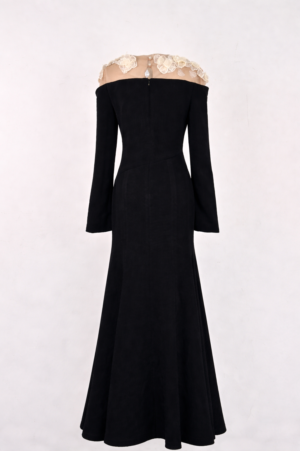 long sleeve satin dress with lace illusion neckline – GRACE