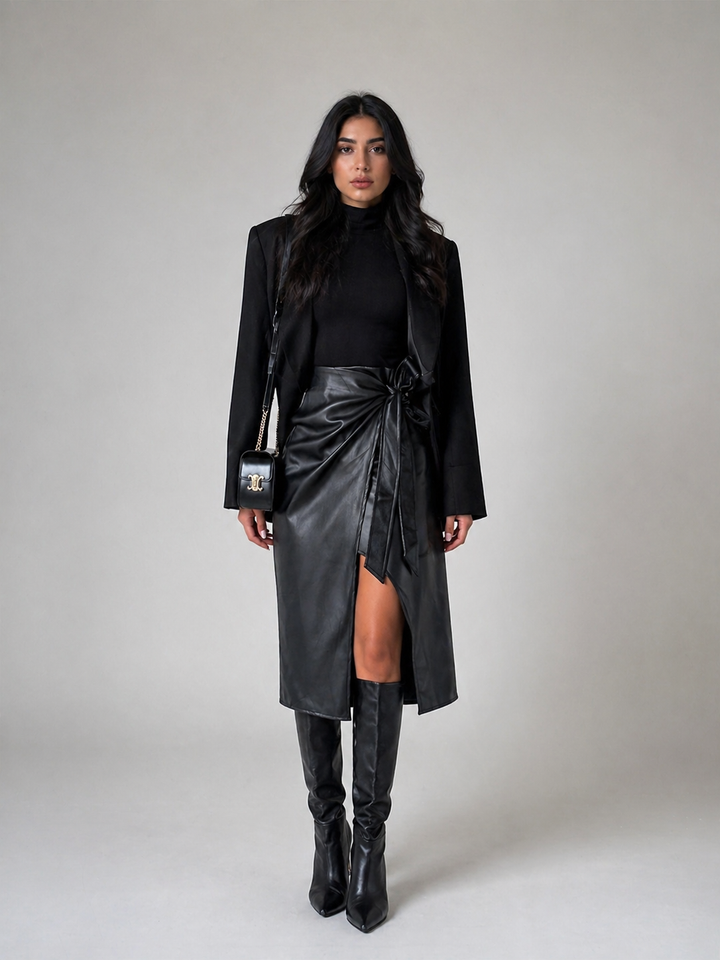Black Faux Leather Wrap Skirt with Side Tie – VELORA