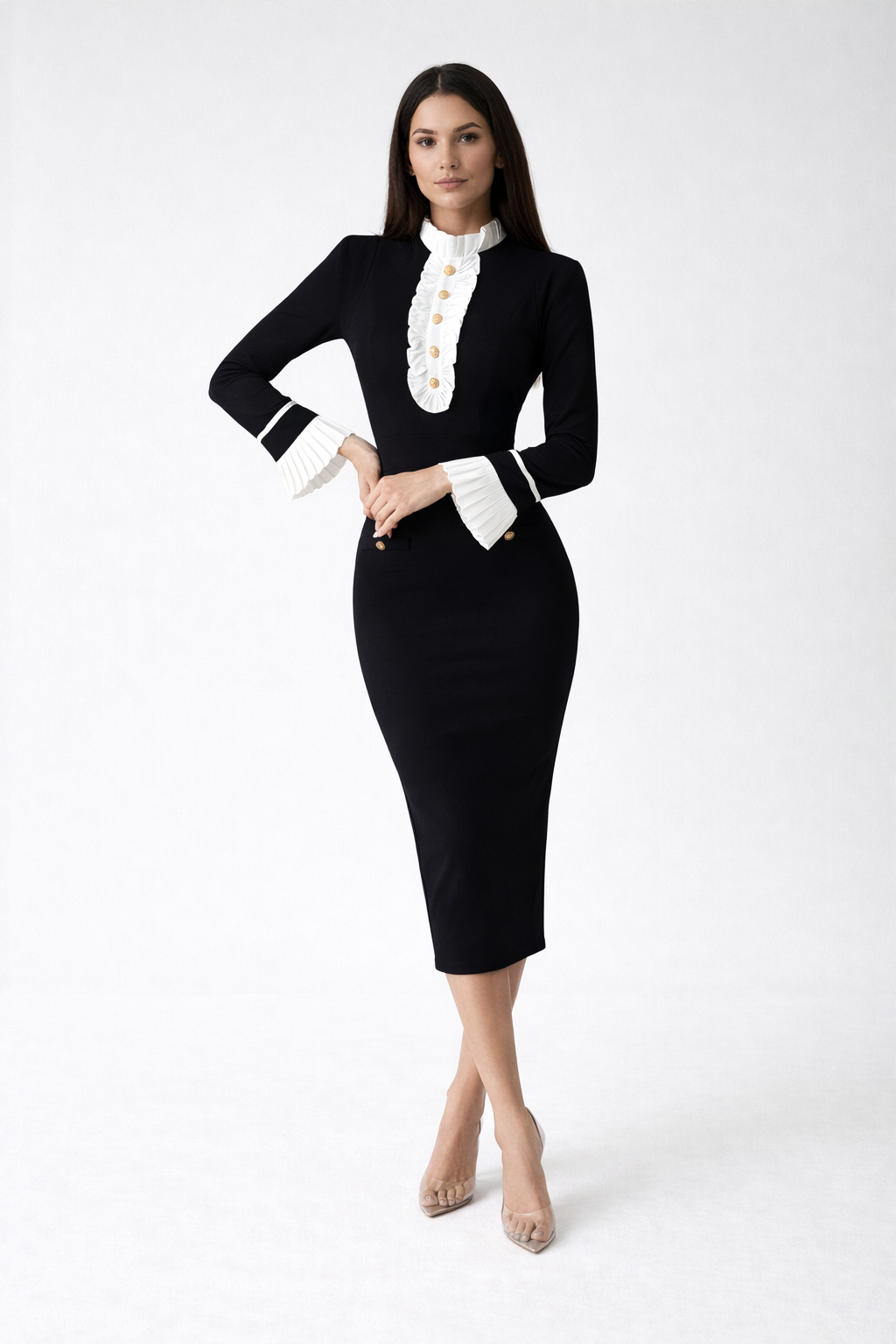long sleeve midi dress with ruffle high neck detail – MONO
