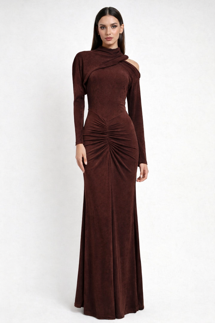 draped high-neck ruched maxi dress with long sleeves – MOCHA