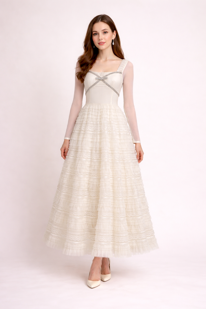 long-sleeve lace and tulle maxi dress with ribbon detail – BELLE
