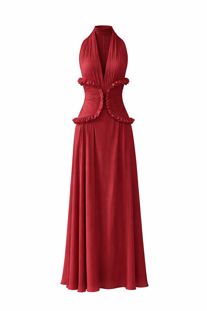 halter neck maxi dress with ruched ruffle waist – SOLARA