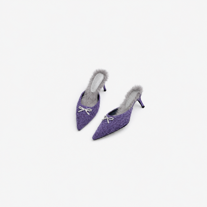 pointed toe textured mule with fur trim and crystal bow – VIOLET