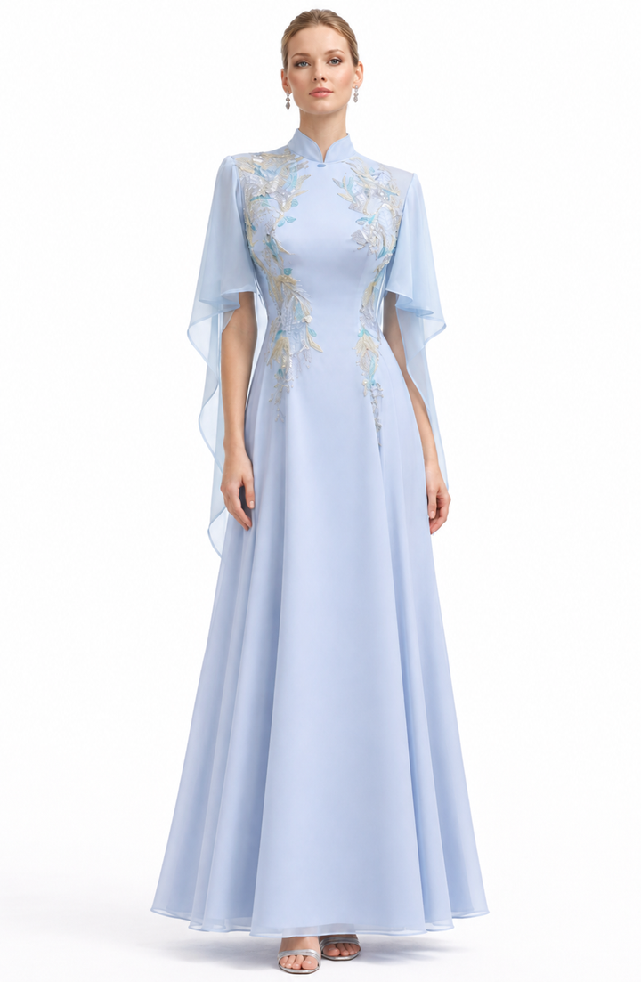 flowy chiffon evening gown with embroidered bodice – AZURE