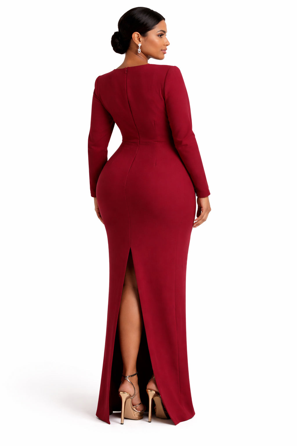 long-sleeve column gown with sculpted floral waist – SASYON-1