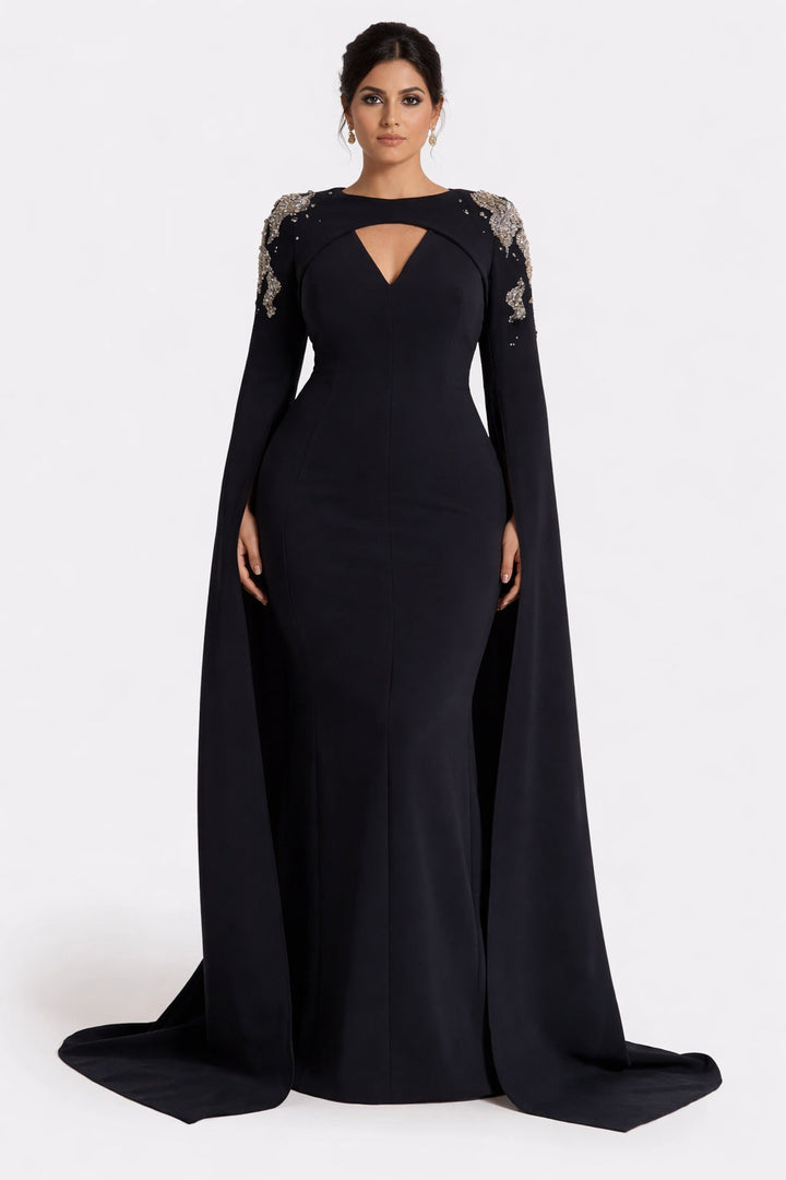 Long-sleeve column dress with embellished shoulders and draped cape - Isla-1