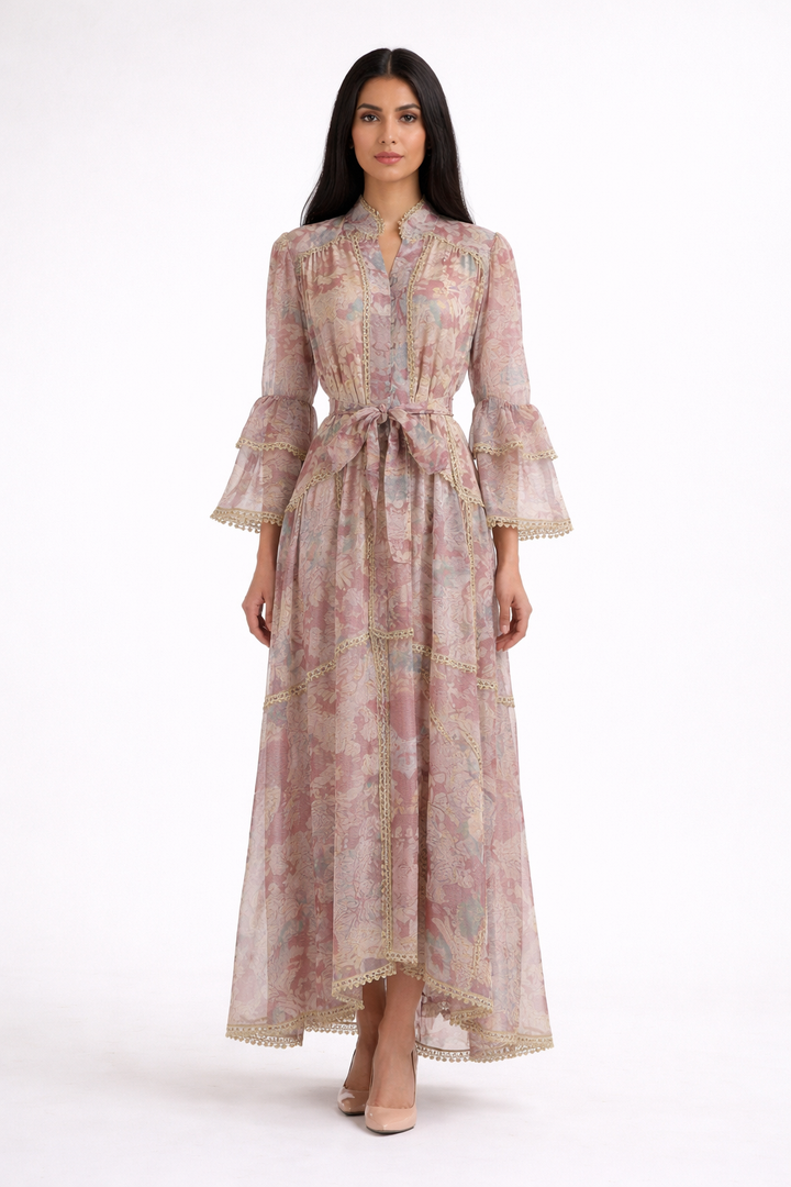 long sleeve vintage floral dress with lace panels and belted waist – AMELIA