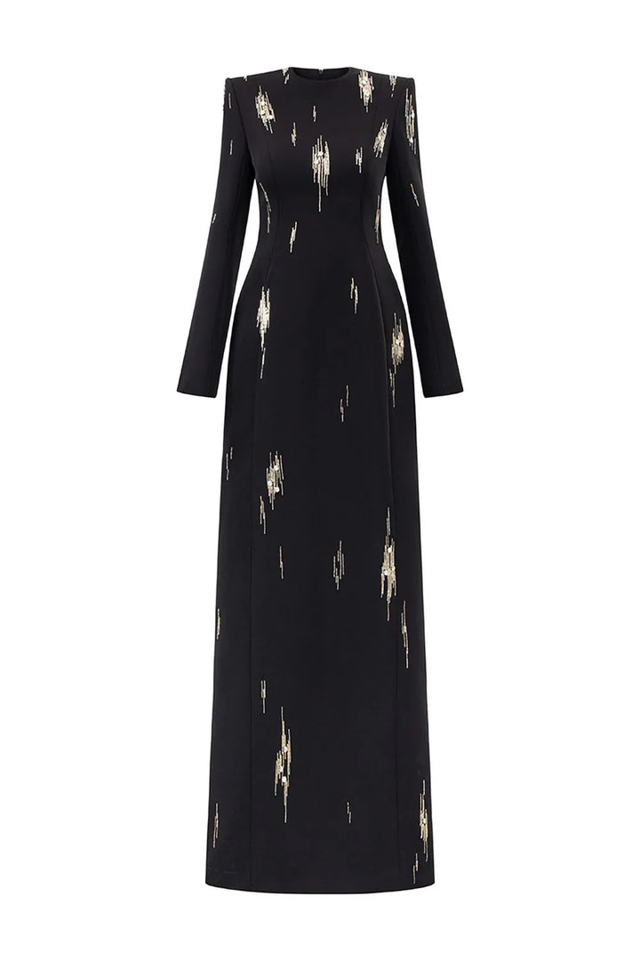 Long-Sleeve Column Dress with Metallic Embellishments - STELLAR