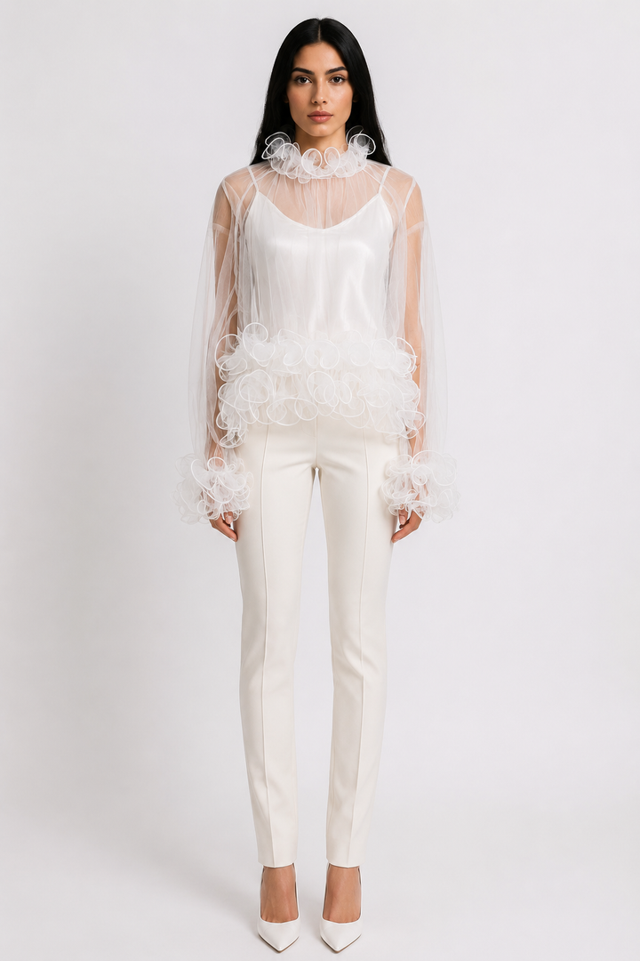 Sheer Ruffle Mesh Blouse - Ethereal