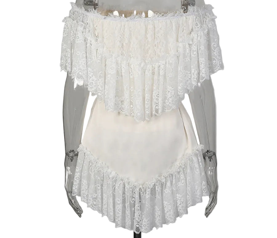Ivory Lace Off-Shoulder Ruffle Mini Dress – LUNARA