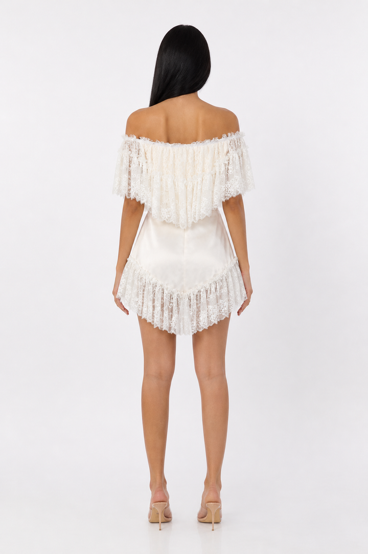 Ivory Lace Off-Shoulder Ruffle Mini Dress – LUNARA