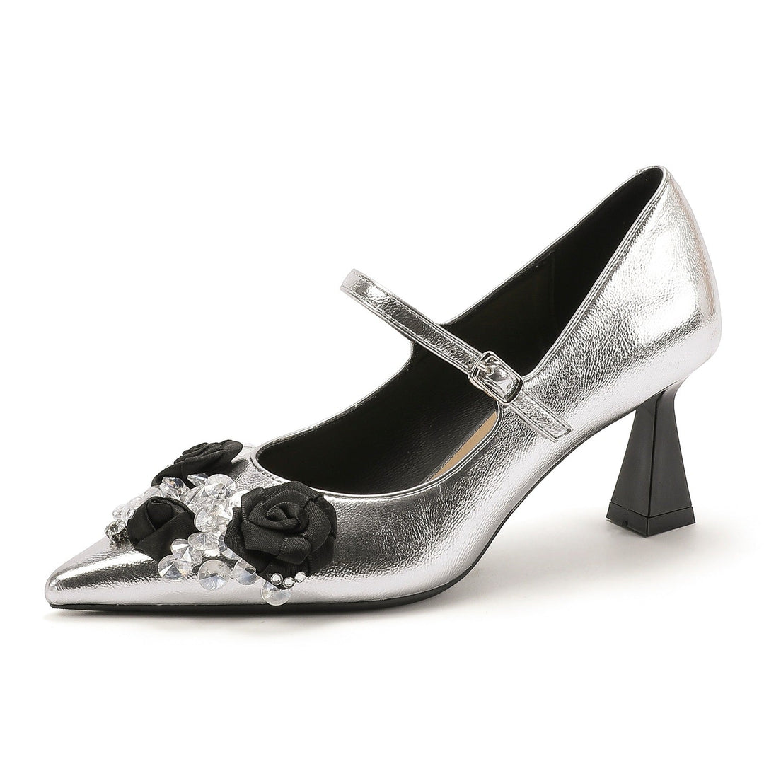 pointed toe metallic mary jane heels with floral crystal embellishment – LUMINA