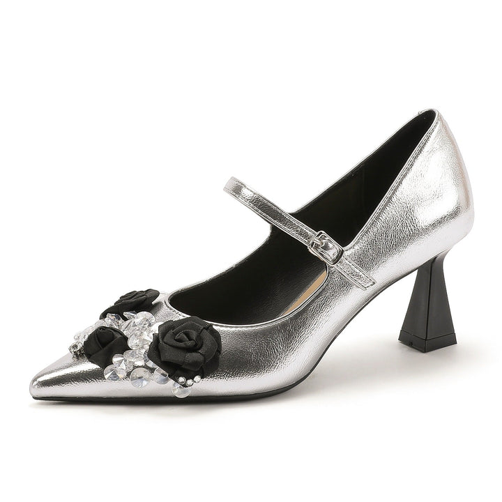 pointed toe metallic mary jane heels with floral crystal embellishment – LUMINA