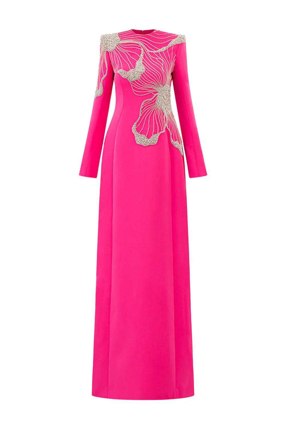 Long-Sleeve Gown with Embellished Floral Design - FUCHSIA-1