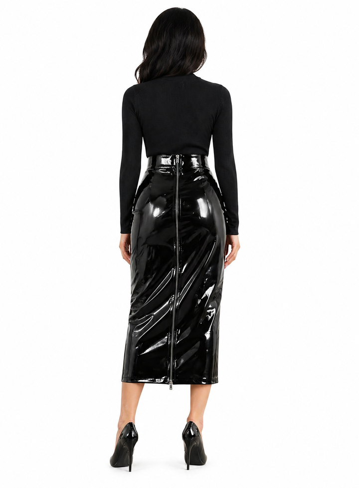 Black Glossy High-Waist Pencil Skirt – LUXORA