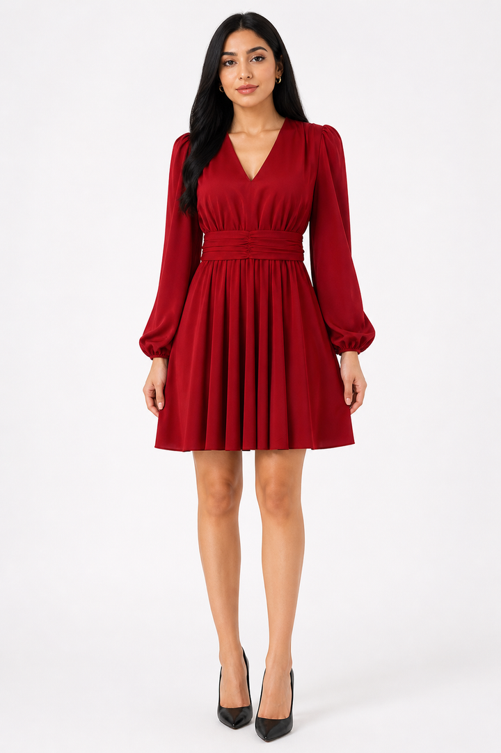 Red V-Neck Pleated Waist Mini Dress – ROSÉVA