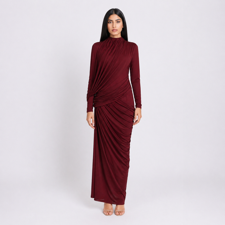 Olive Green Draped Asymmetric Midi Dress - VERDÉA