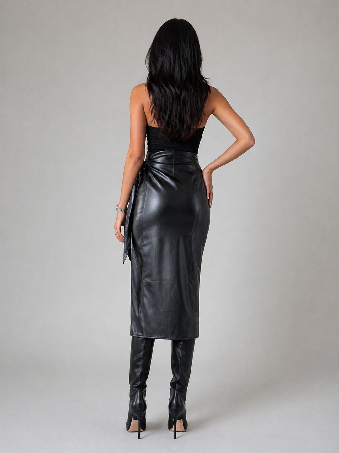Black Faux Leather Wrap Skirt with Side Tie – VELORA