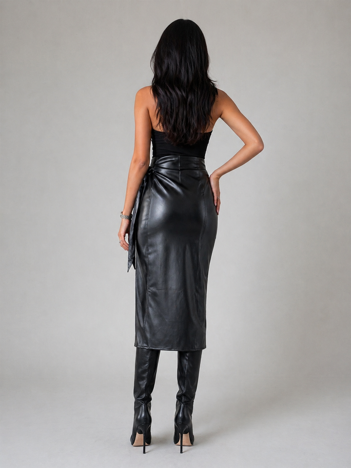 Black Faux Leather Wrap Skirt with Side Tie – VELORA