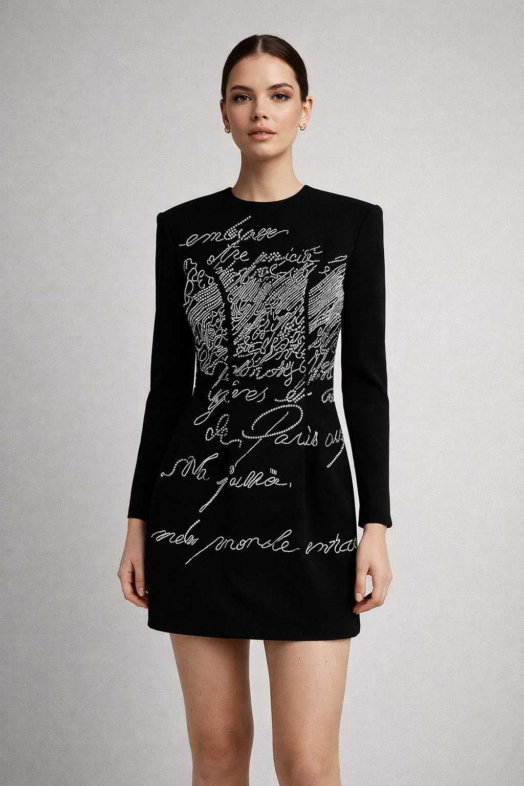 long sleeve mini dress with handwritten crystal detailing – SCRIPT