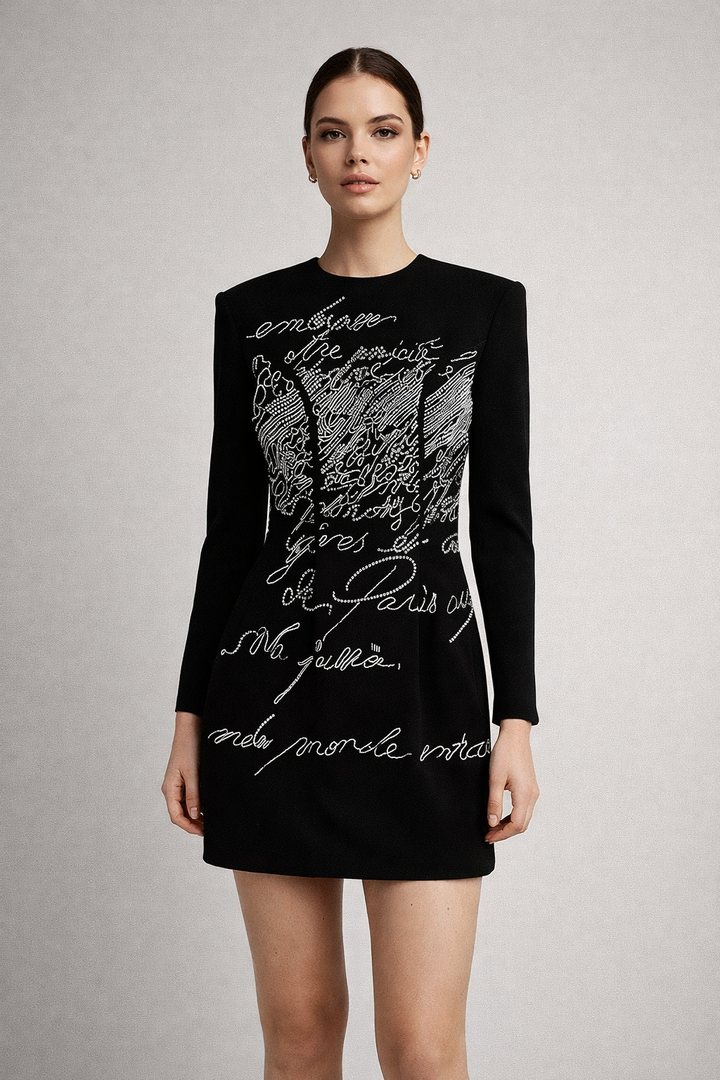 long sleeve mini dress with handwritten crystal detailing – SCRIPT
