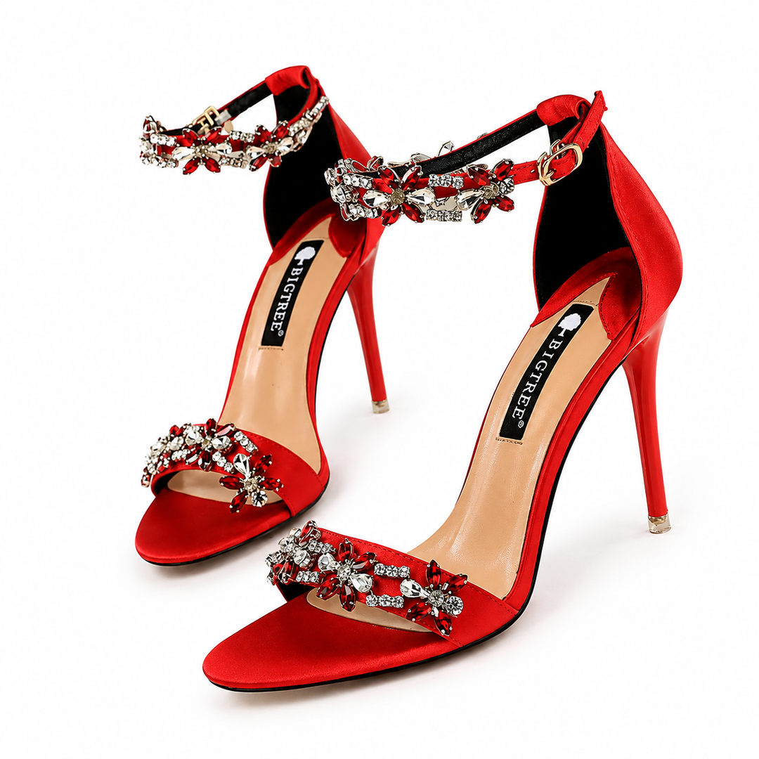 Crystal Embellished Satin Stiletto Sandals – SILVÉRA
