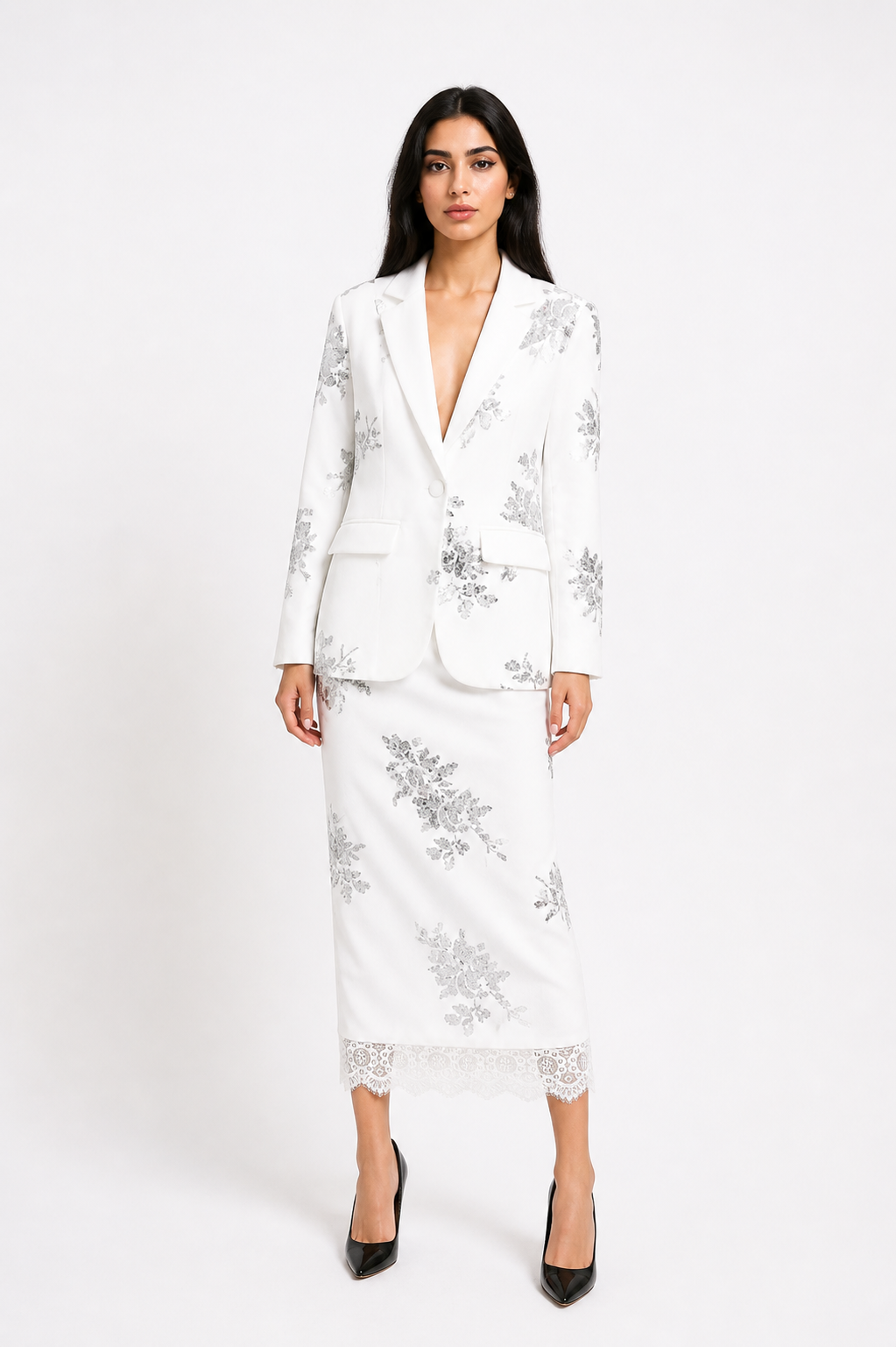 Black Floral Embroidered Blazer & Pencil Skirt Set – NOIRÉA