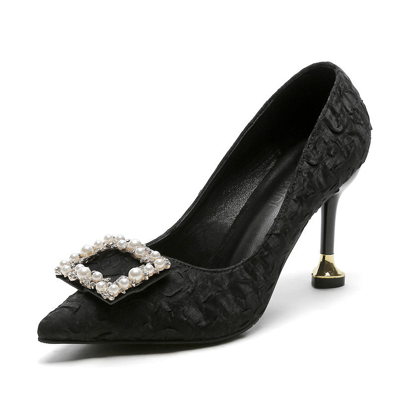Pearl Buckle Black Stiletto Heels - Glam