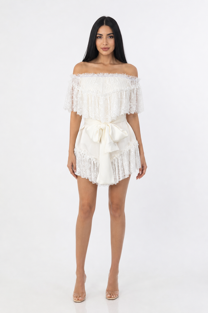 Ivory Lace Off-Shoulder Ruffle Mini Dress – LUNARA