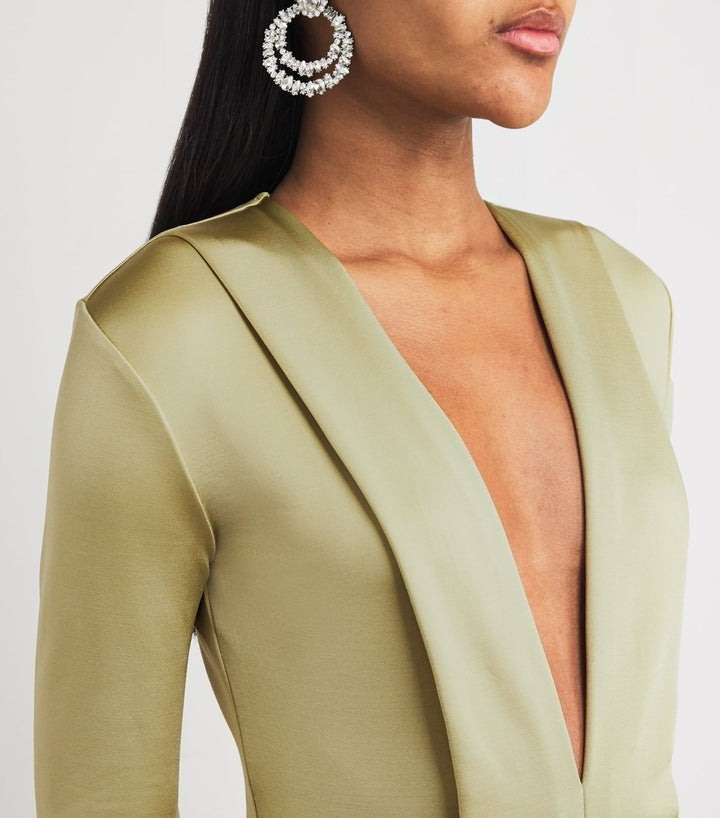 Deep V-neck draped gown with crystal embellishment – OLIVETTE