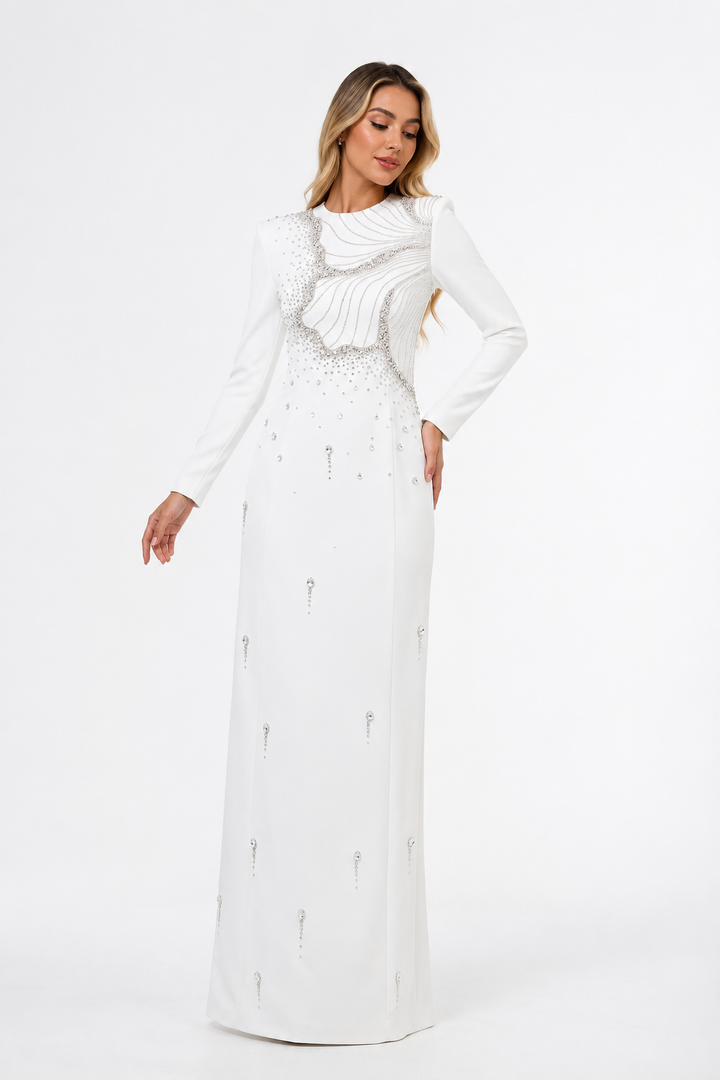 Long-Sleeve Column Dress with Embellished Floral Details - IVORY