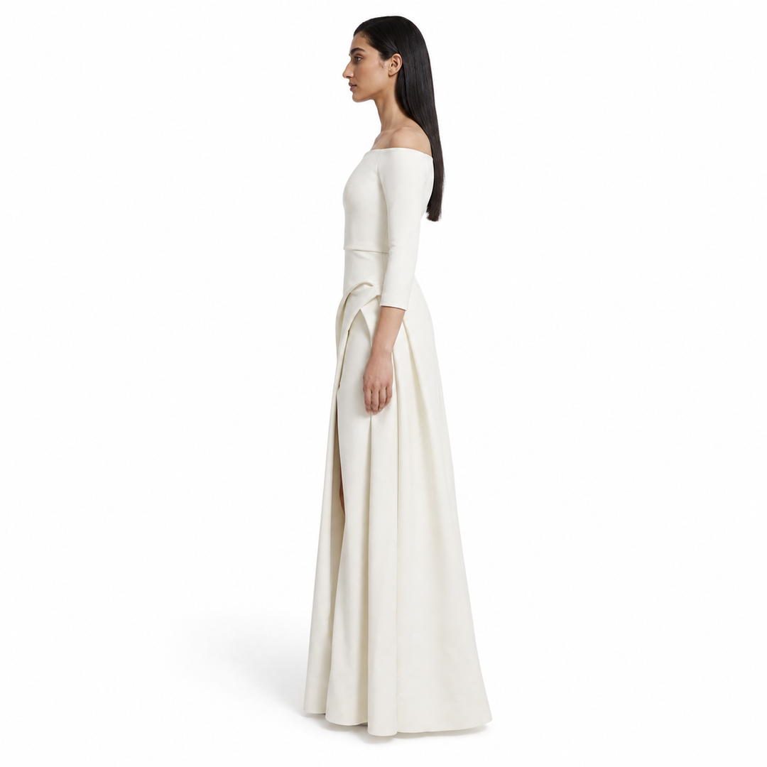 off-shoulder gown with draped slit skirt – ALYAAH